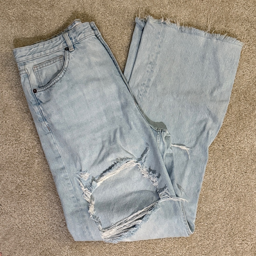 ZARA Light Blue Distressed Wide Leg Women Jeans